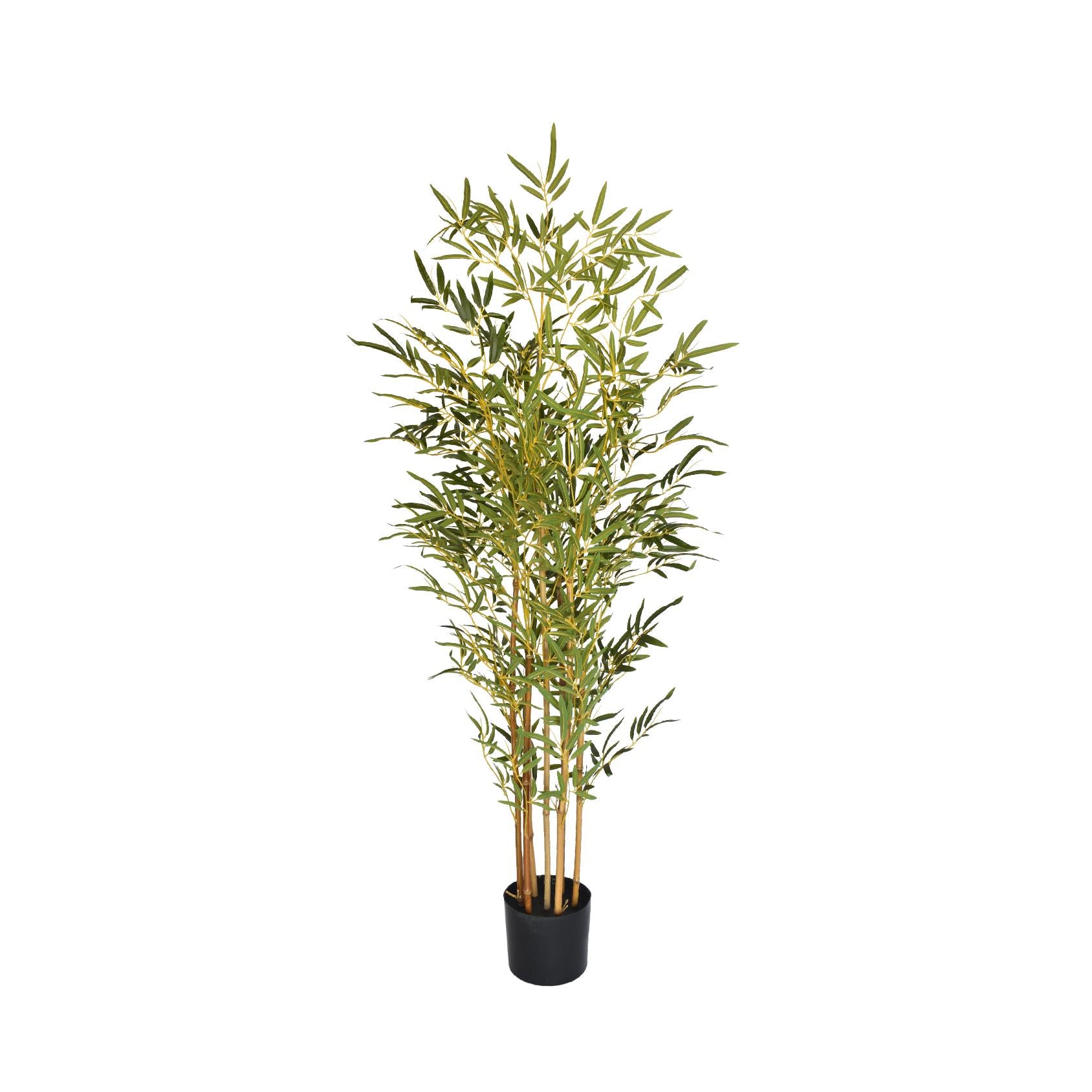 Artificial bamboo plant in a black plastic pot
