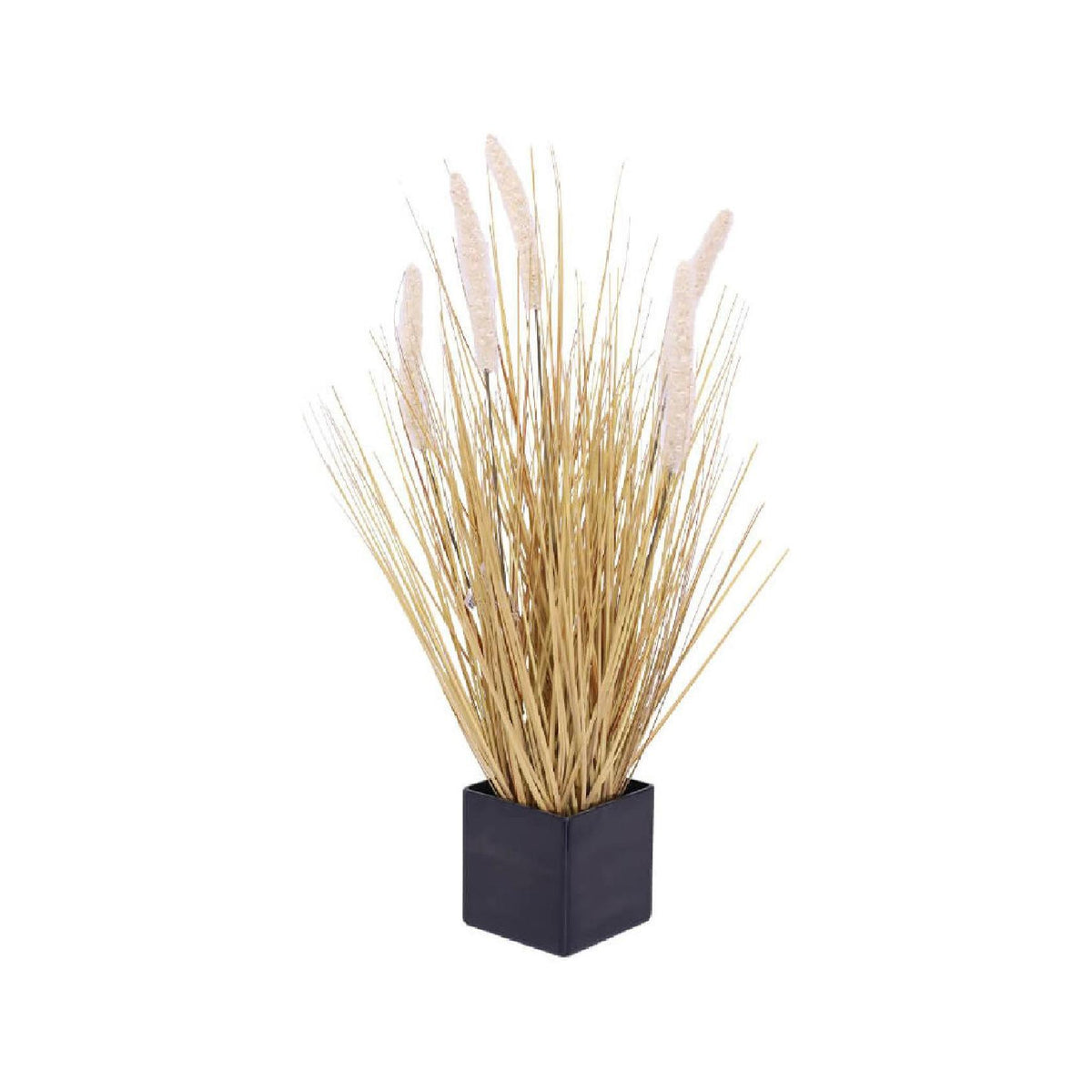 Artificial beige reed grass plant with long, thin leaves in a black pot