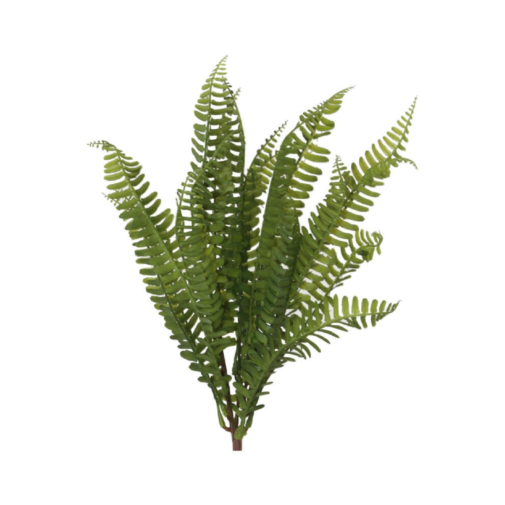 An artificial green fern stem with realistic fronds and a brown stem