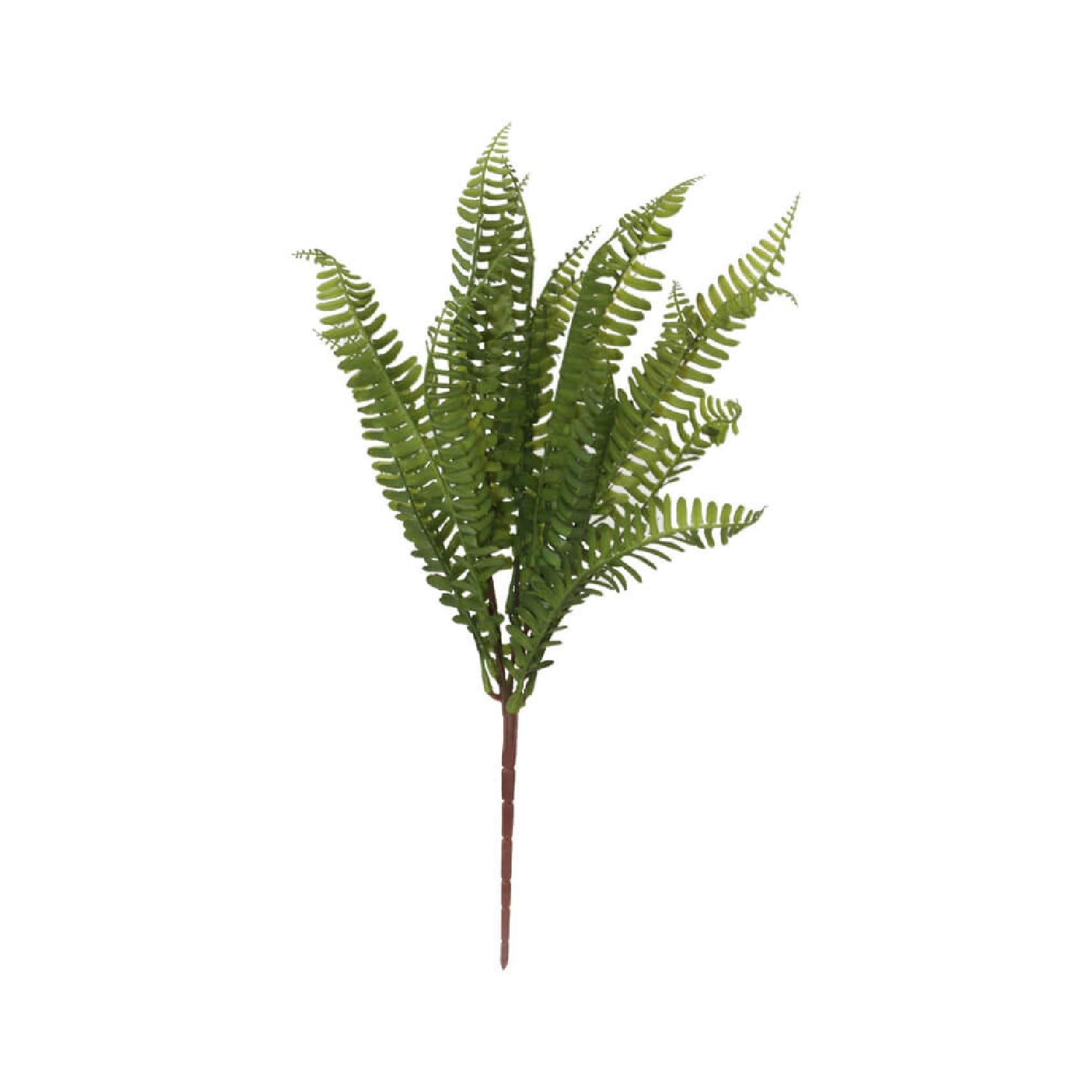 An artificial green fern stem with realistic fronds and a brown stem