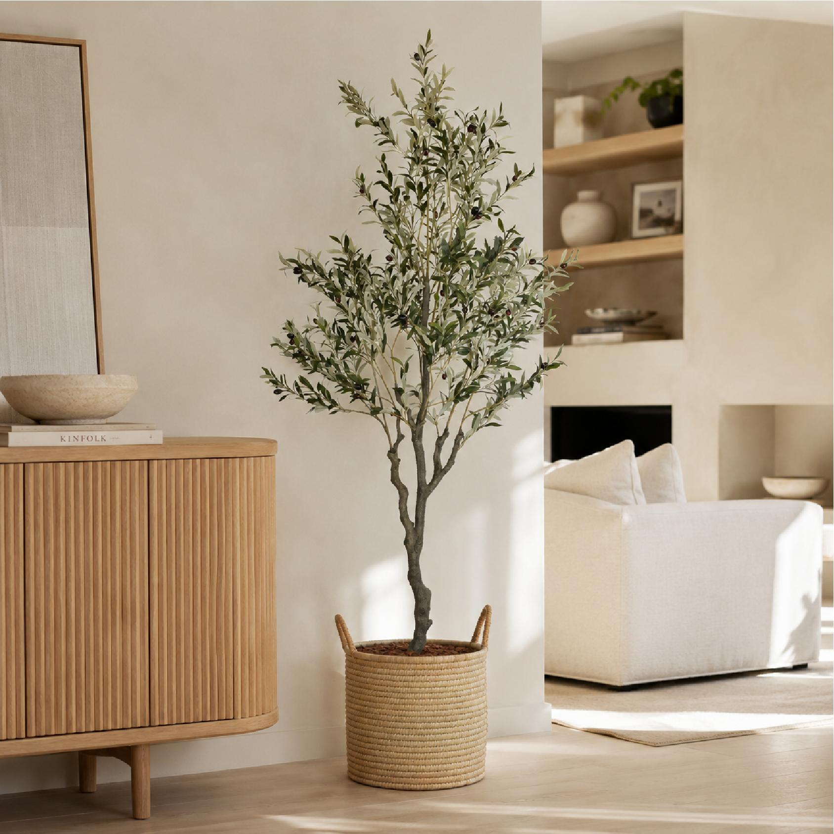 Artificial olive tree with a woven basket in a living room
