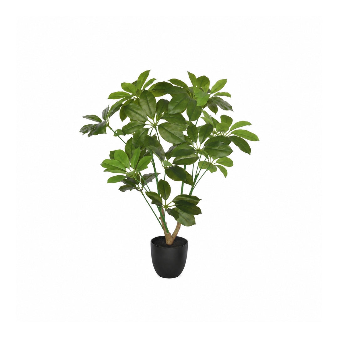Artificial umbrella plant in a black plastic pot