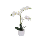 Artificial white orchid in a white faceted PVC pot