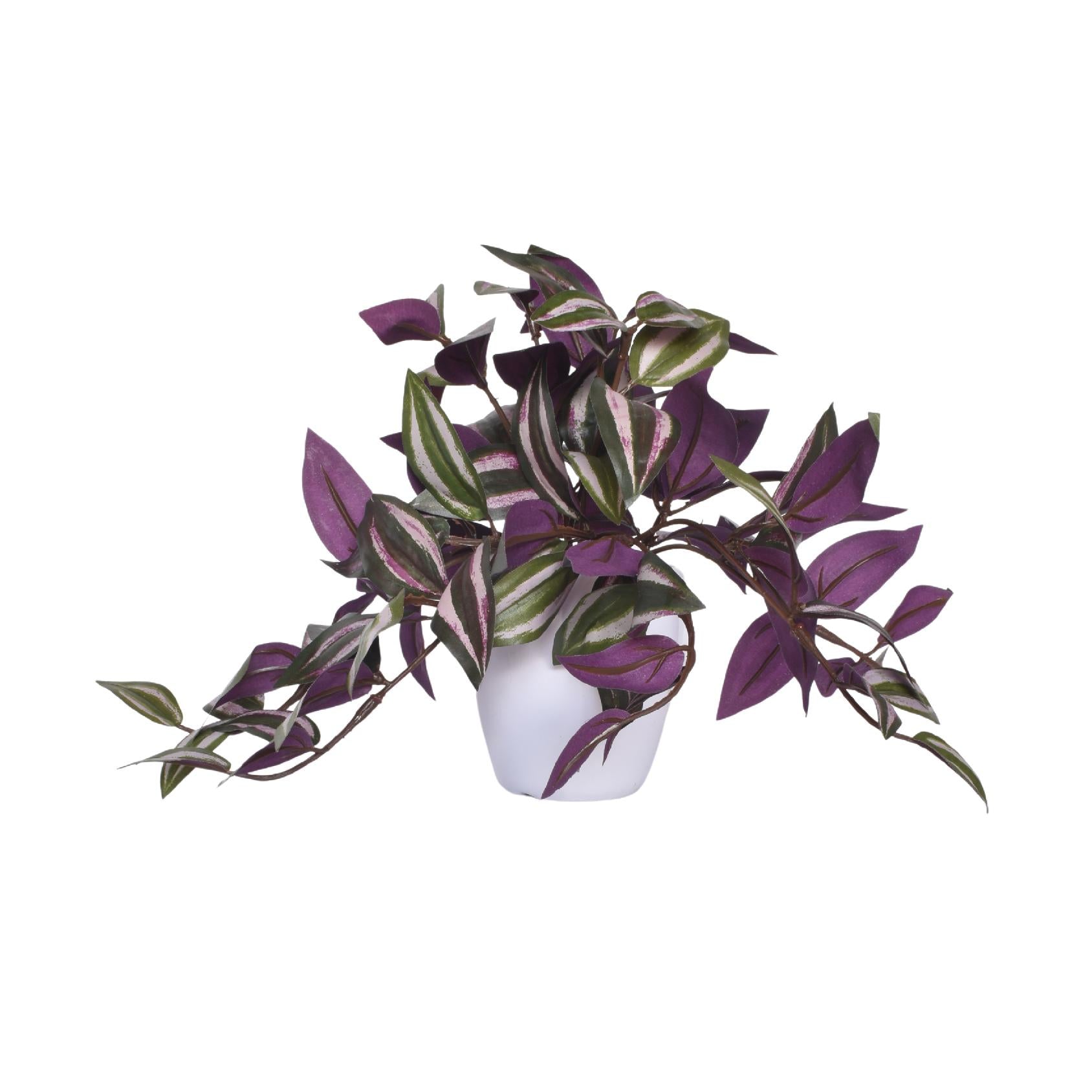 Artificial hanging plant with purple and green leaves in a white ceramic pot