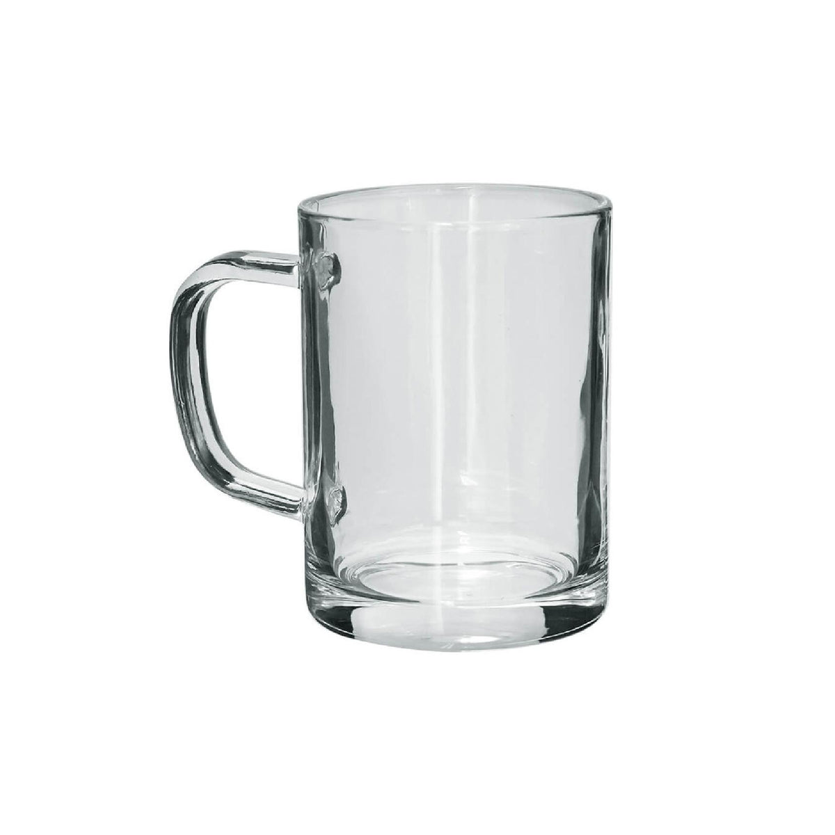A clear glass mug with a handle