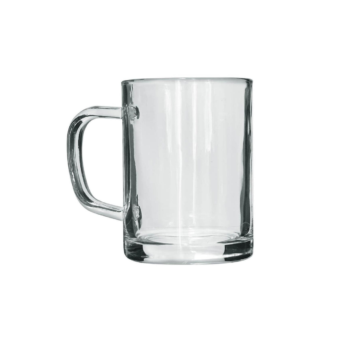 A clear glass mug with a handle