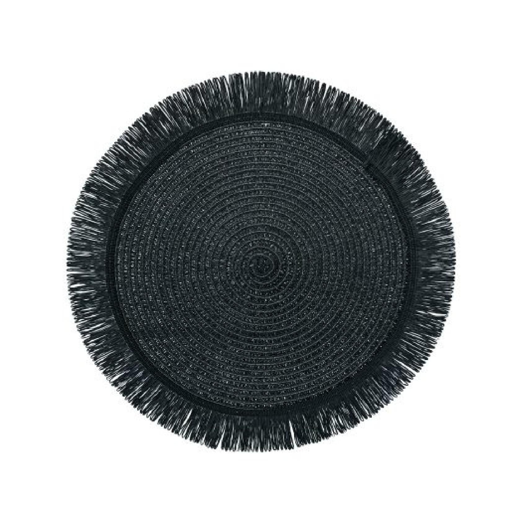 Black round placemat with fringed edge on a white background