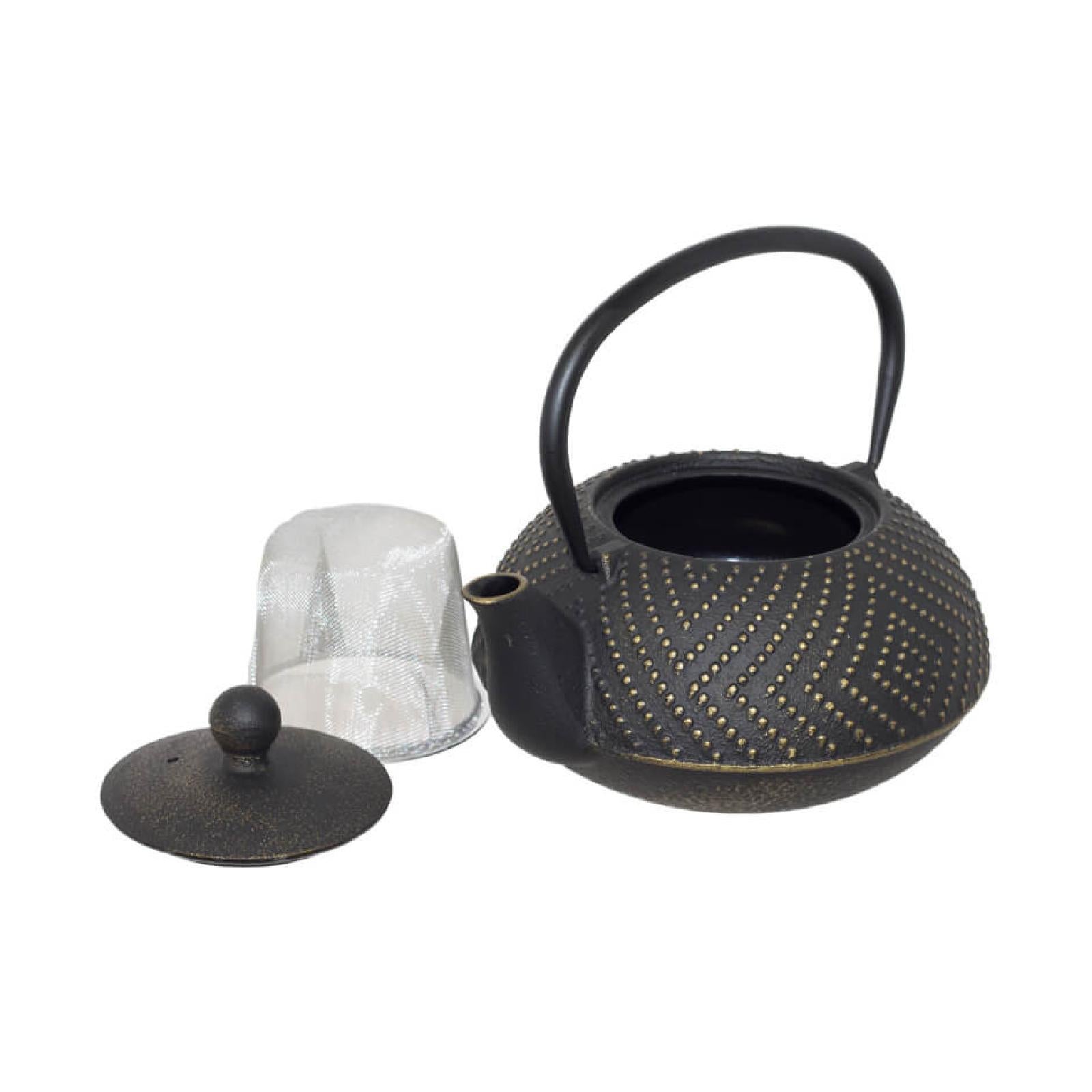 Black and gold cast iron teapot with stainless steel infuser