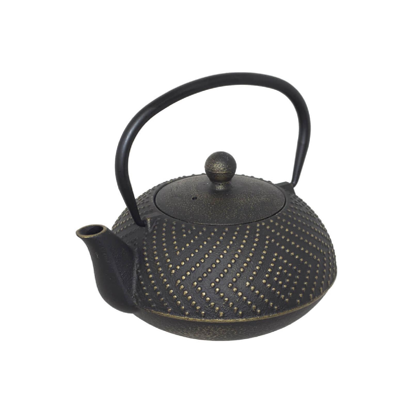 Black and gold cast iron teapot