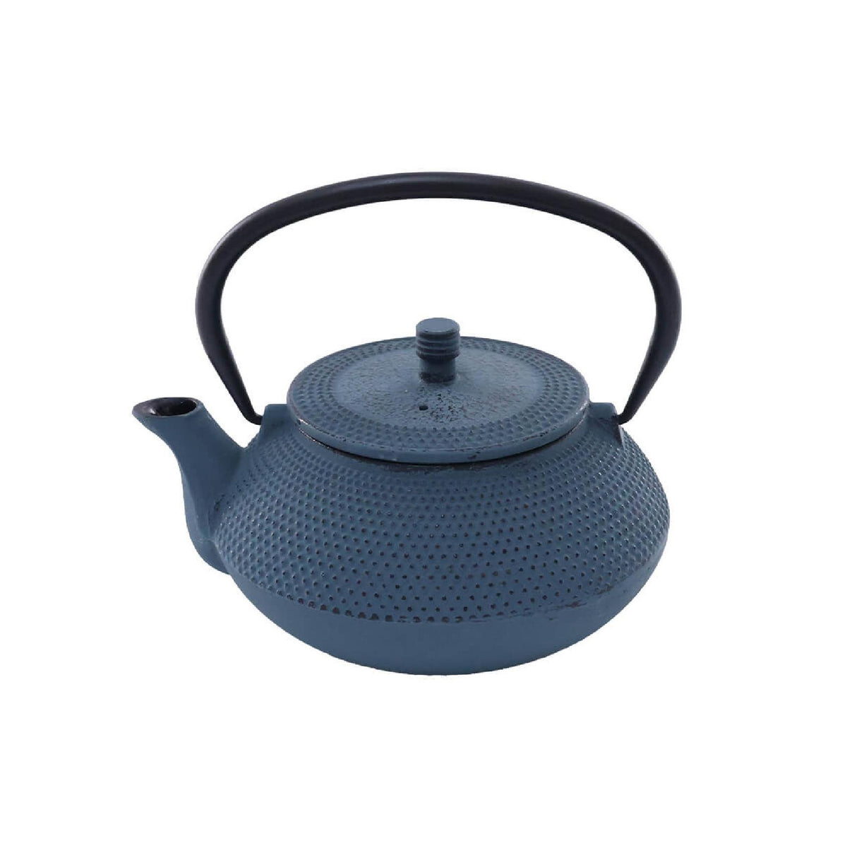 A blue cast iron teapot with a textured surface and black handle