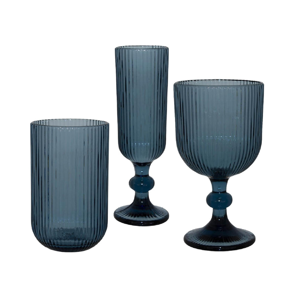 Blue ribbed glass drinkware