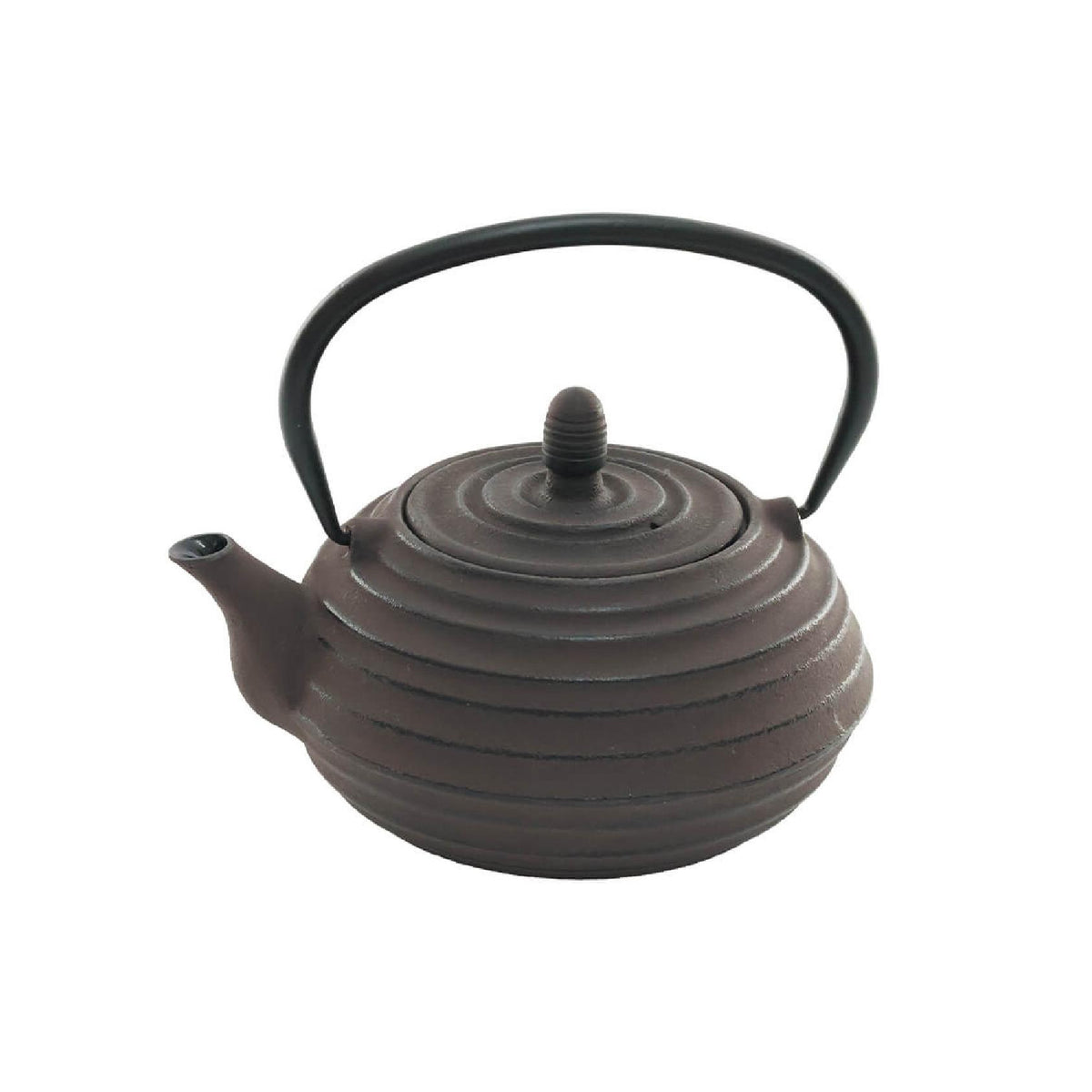 A dark brown cast iron teapot with circular ridges on the body and a black metal handle
