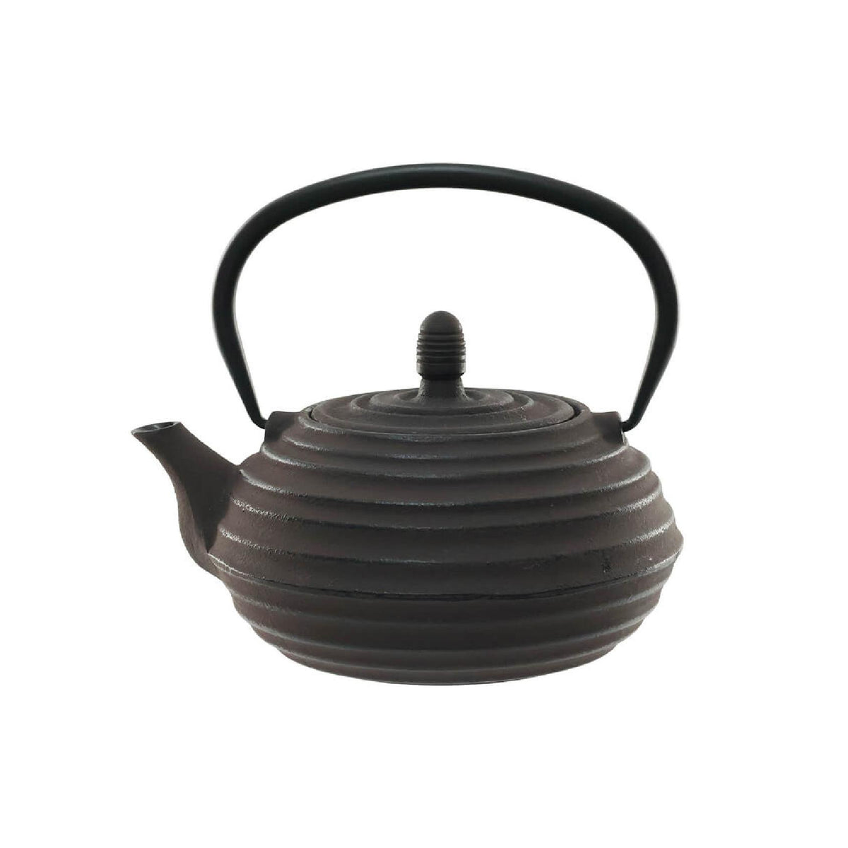 A dark brown cast iron teapot with circular ridges on the body and a black metal handle