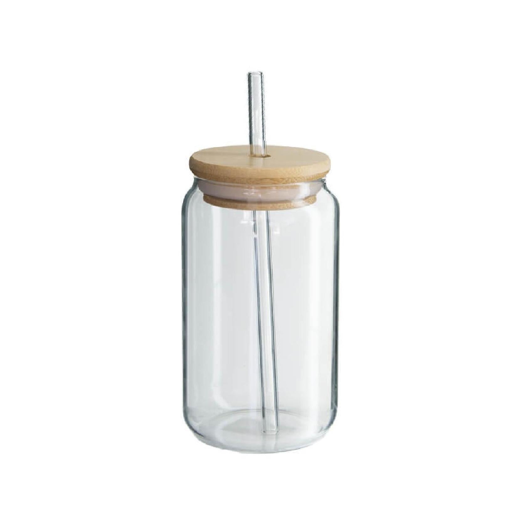Can shaped glass with bamboo lid and glass straw
