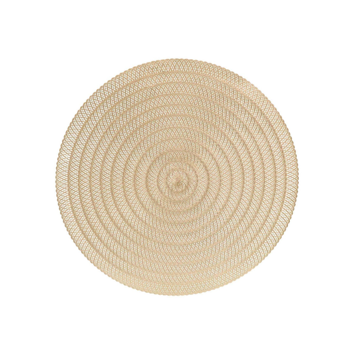 A round vinyl placemat in a champagne colour