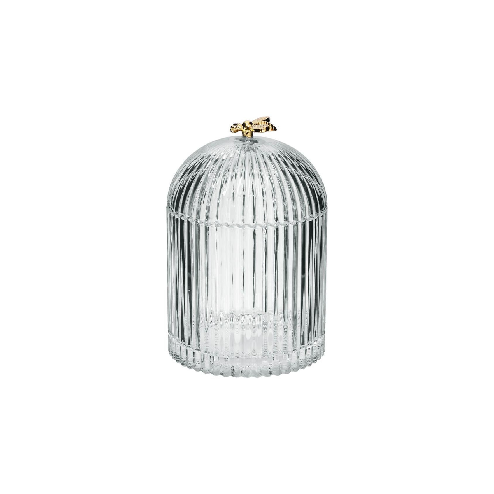 Clear ribbed glass trinket with gold honeybee decoration