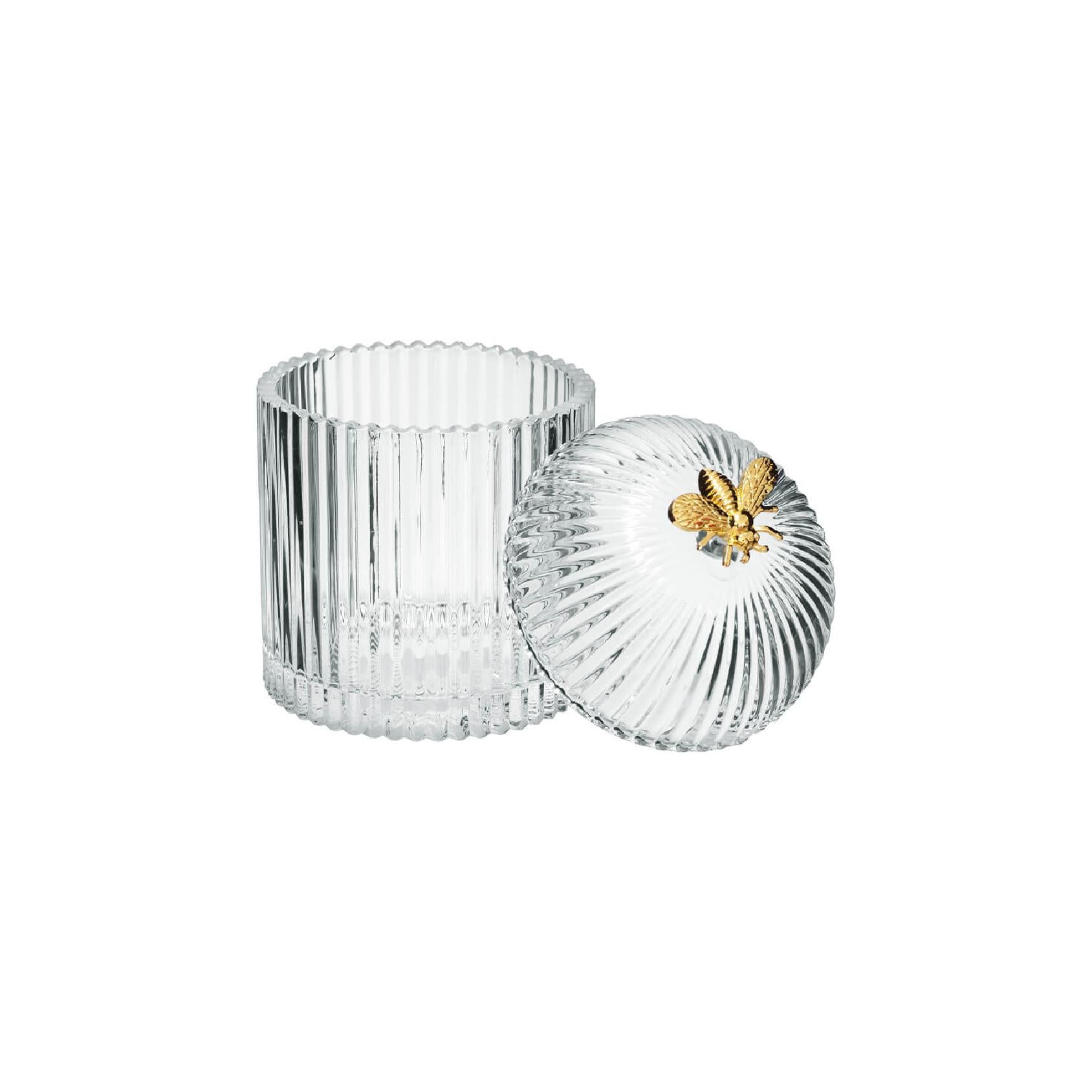 Clear ribbed glass trinket with gold honeybee decoration