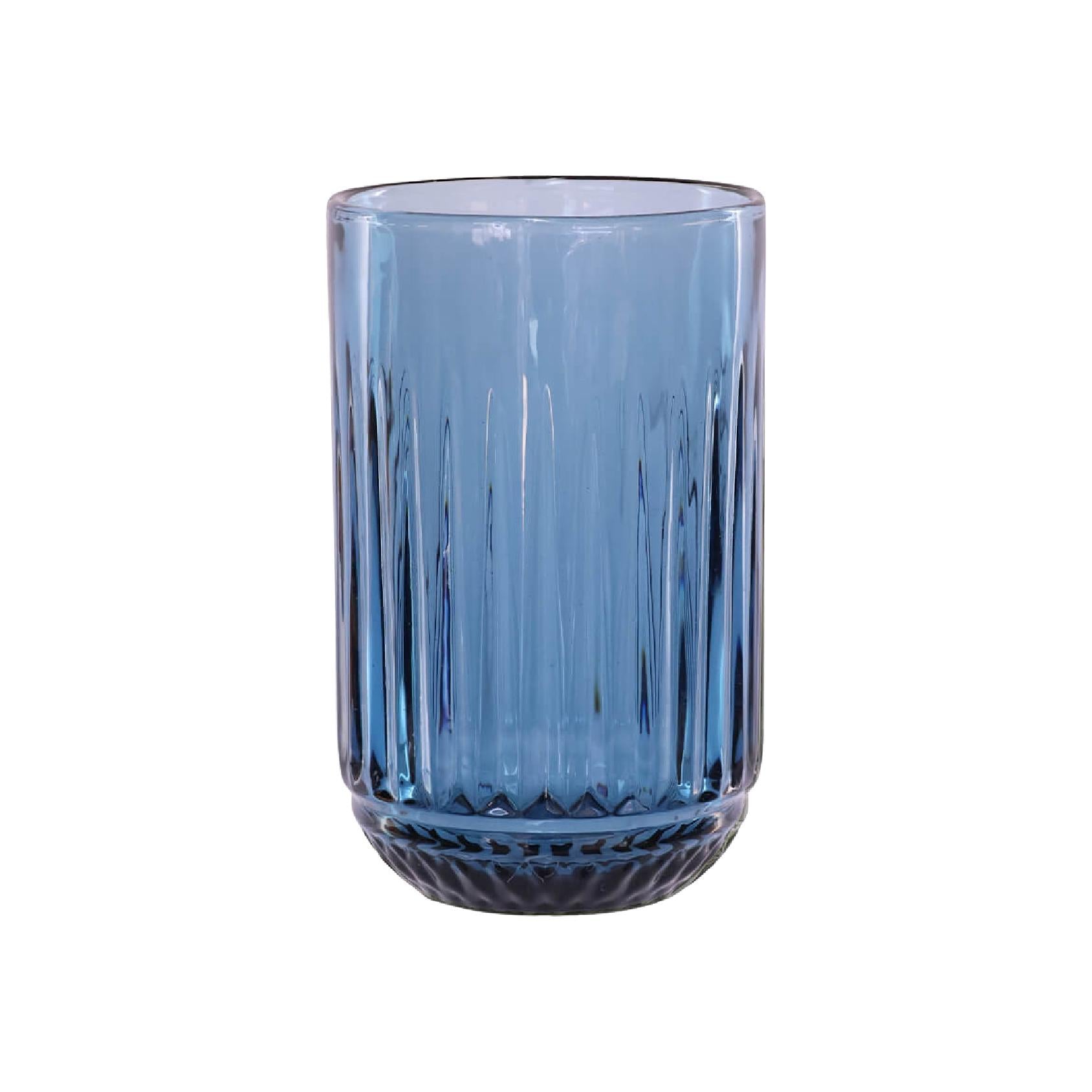A ribbed blue glass tumbler