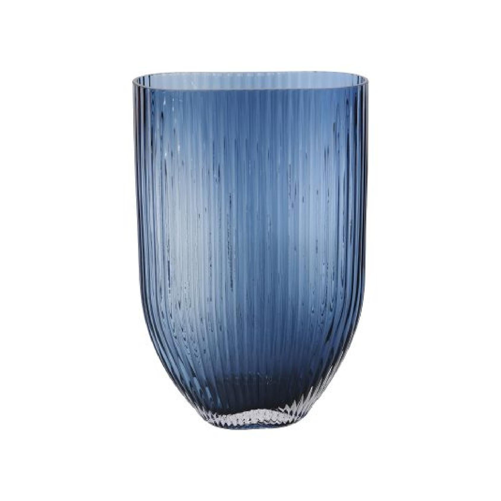 Blue glass vase with ribbed texture