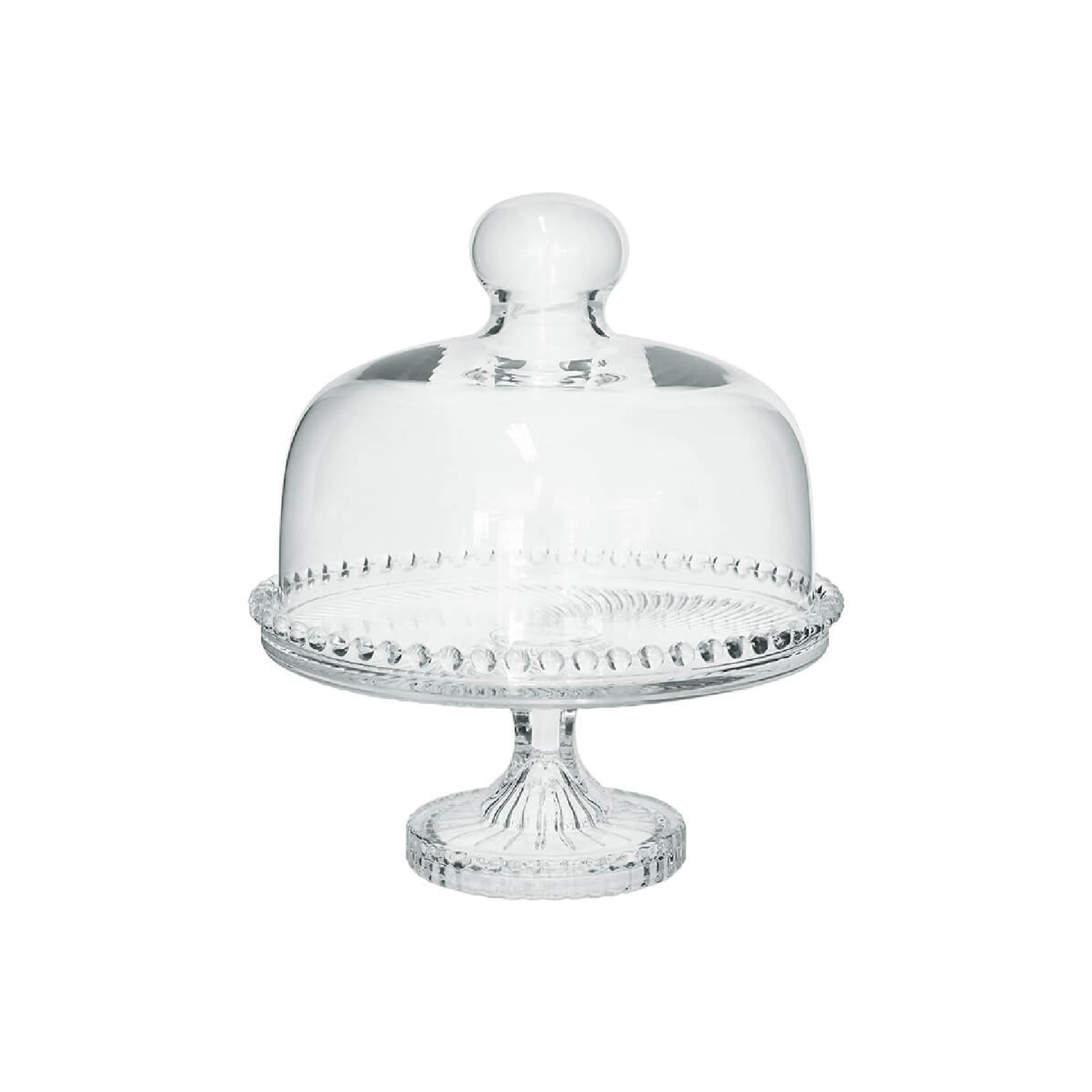 Clear glass cake stand with a matching glass dome lid