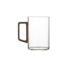 Clear glass mug with a brown handle on a white background
