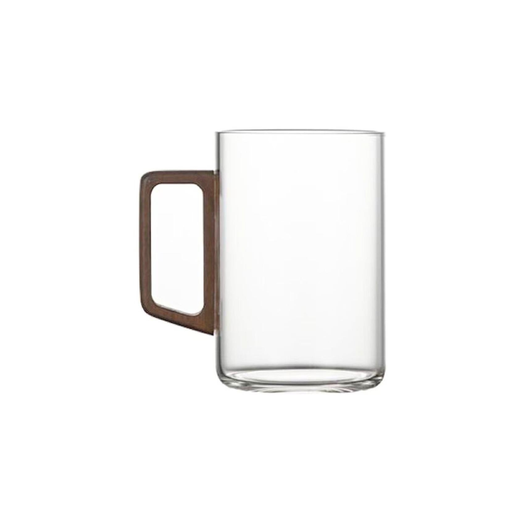 Clear glass mug with a brown handle on a white background