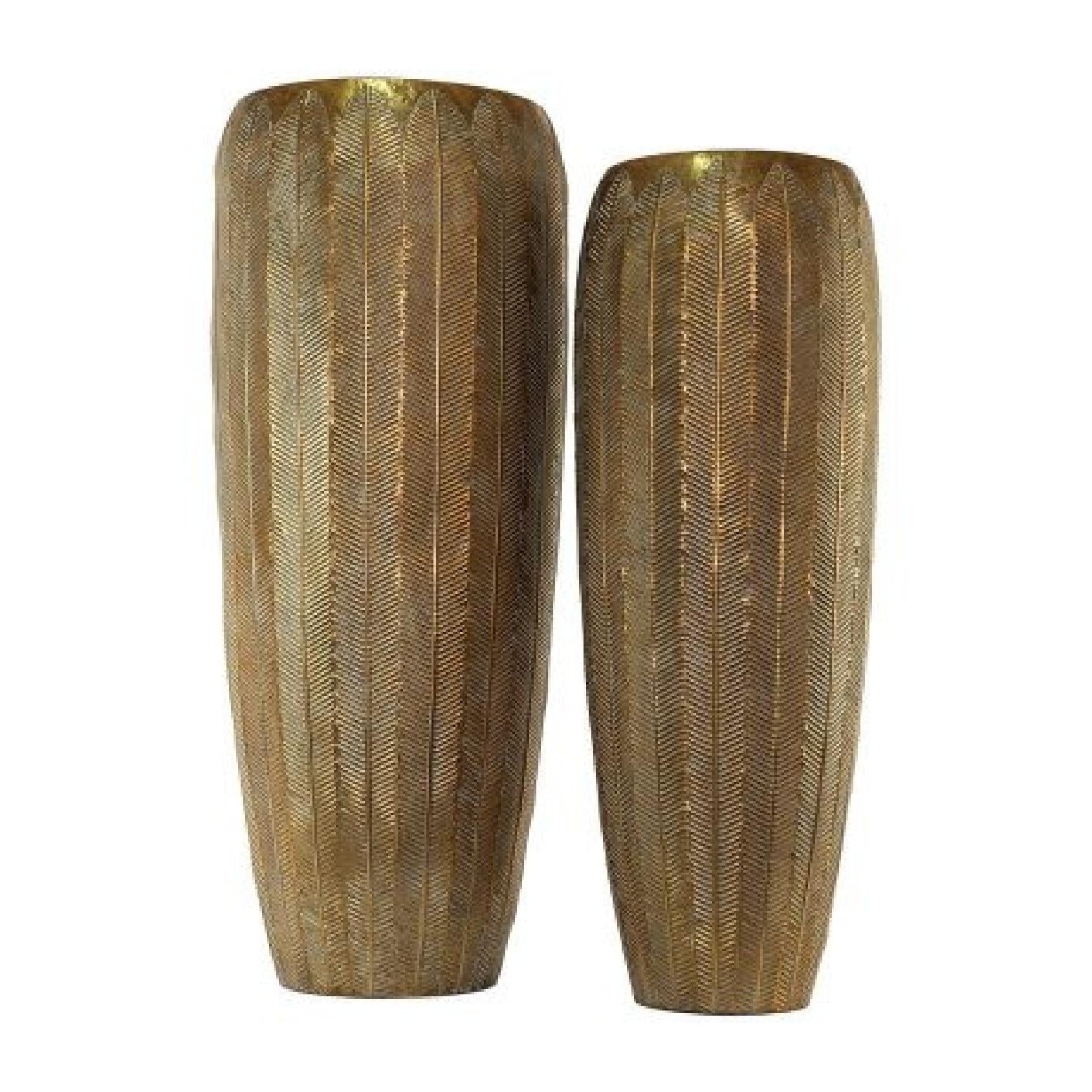 Set of two large gold metal planters with textured pattern