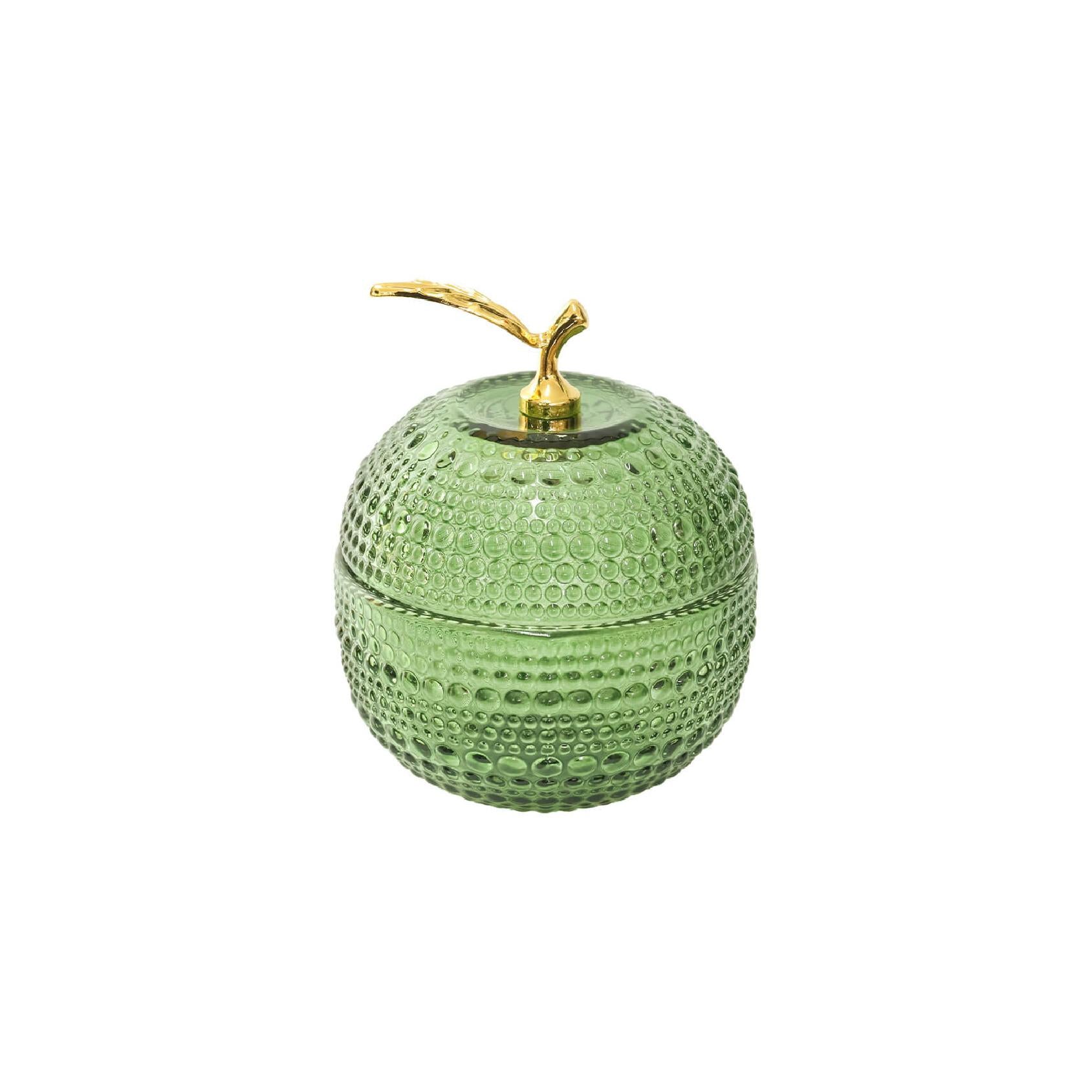 Green textured apple-shaped glass storage container with a gold leaf