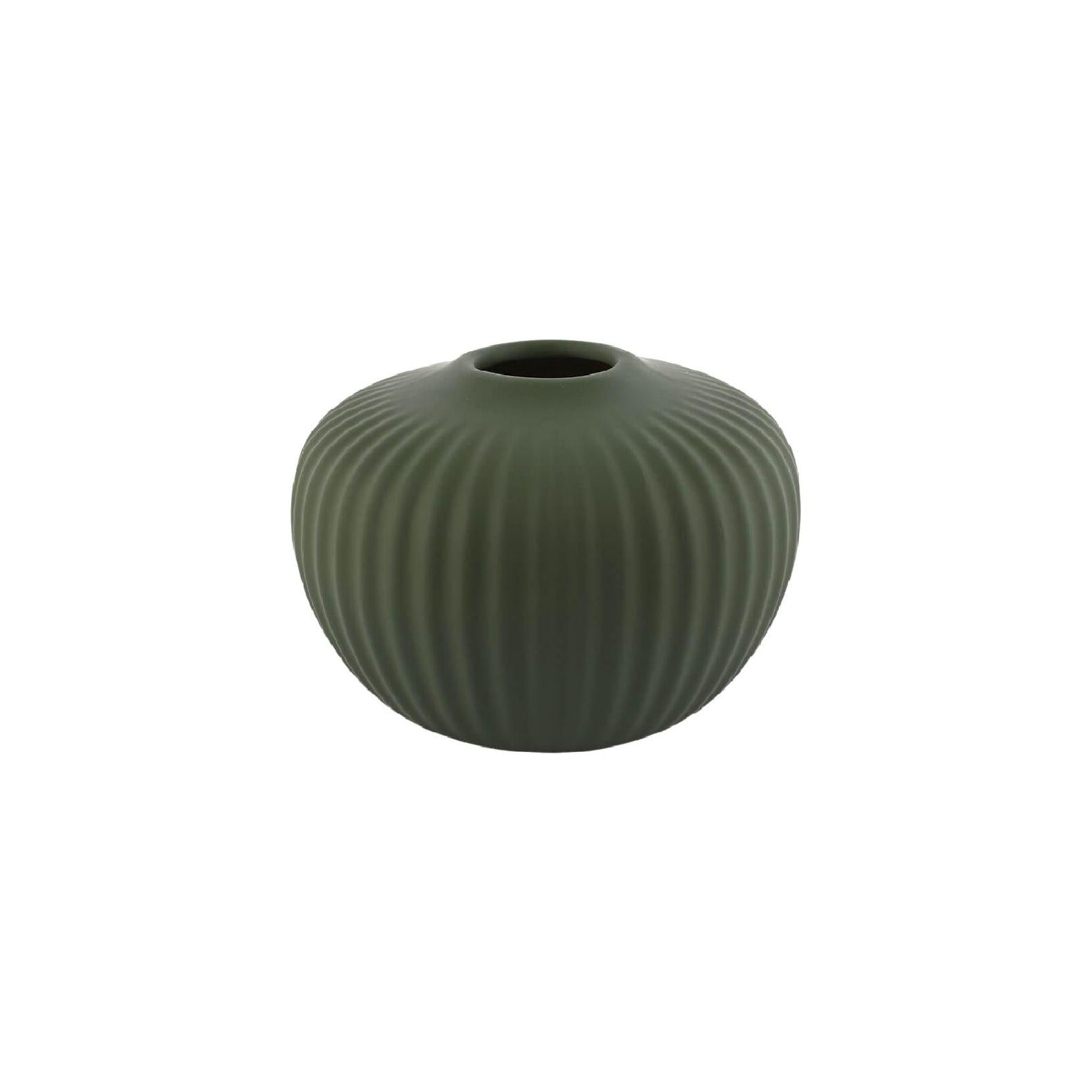 Round green ribbed ceramic vase