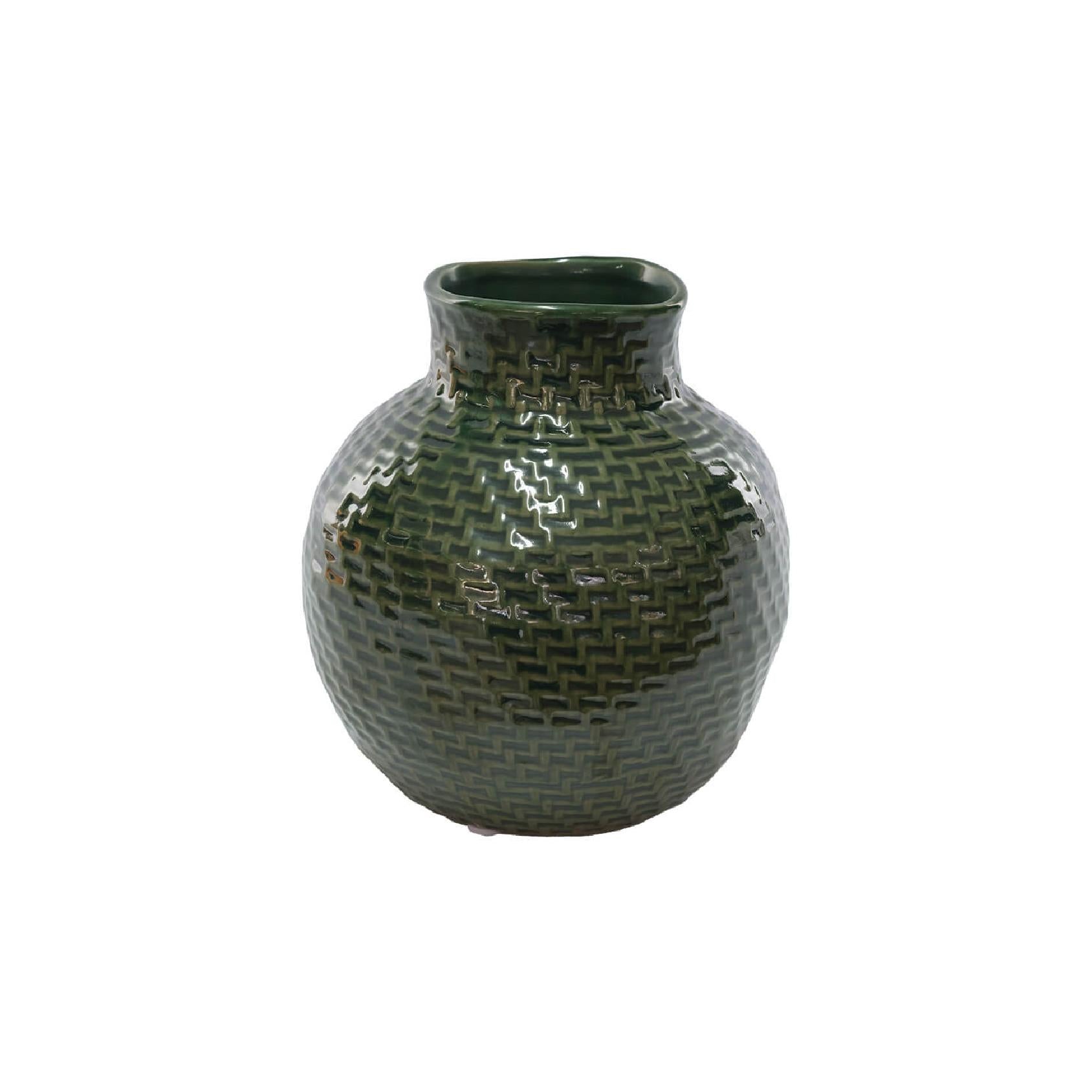 Green ceramic vase with glossy woven-style texture and round silhouette