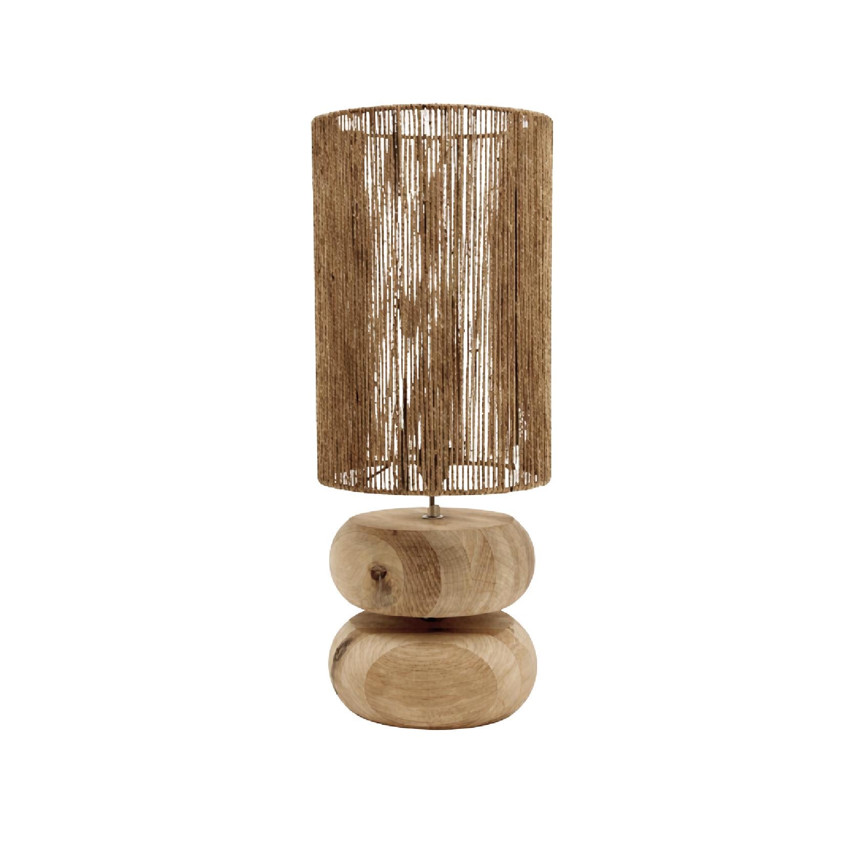 Table lamp with woven jute shade and wooden base