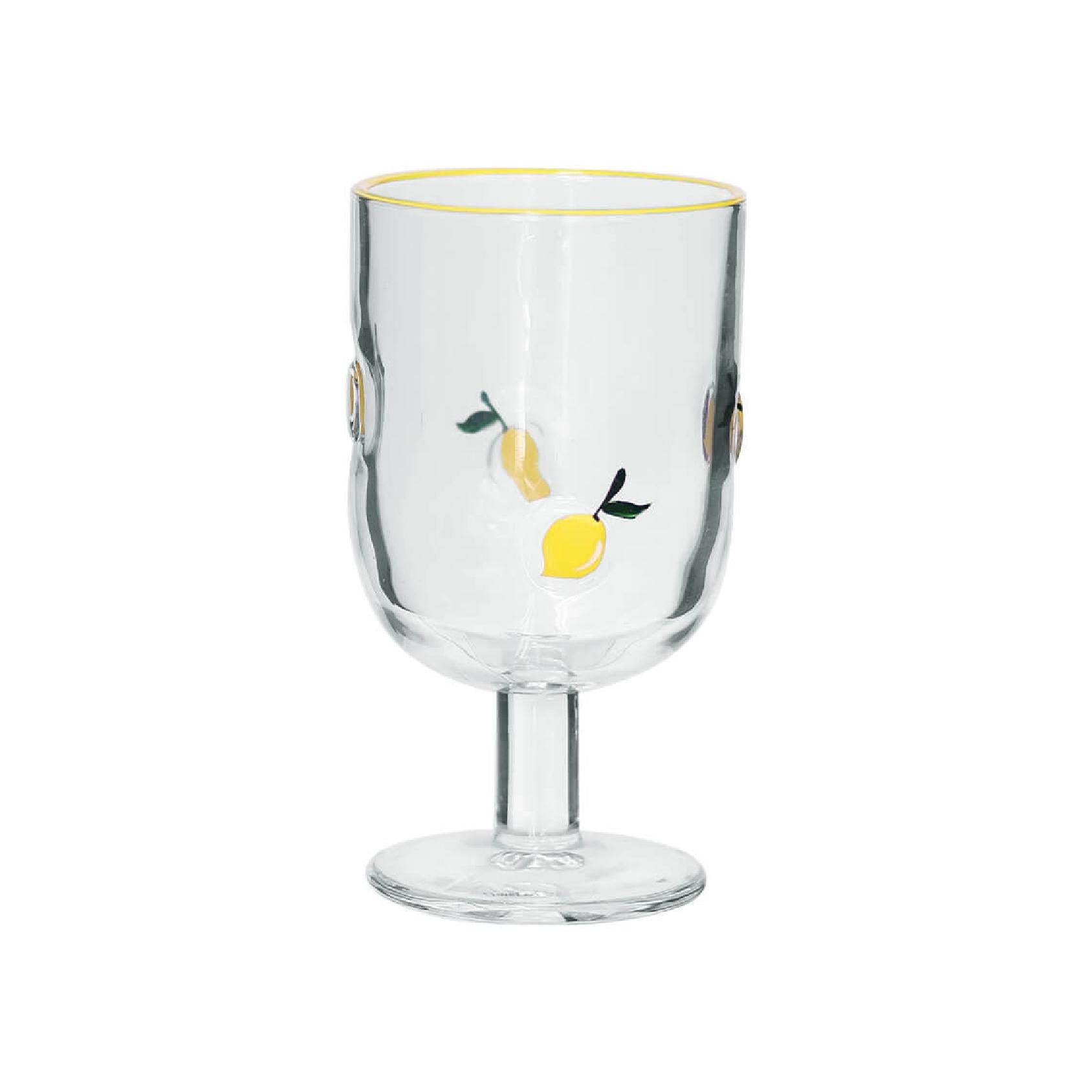 Clear wine glass with embossed lemon detail and yellow rim