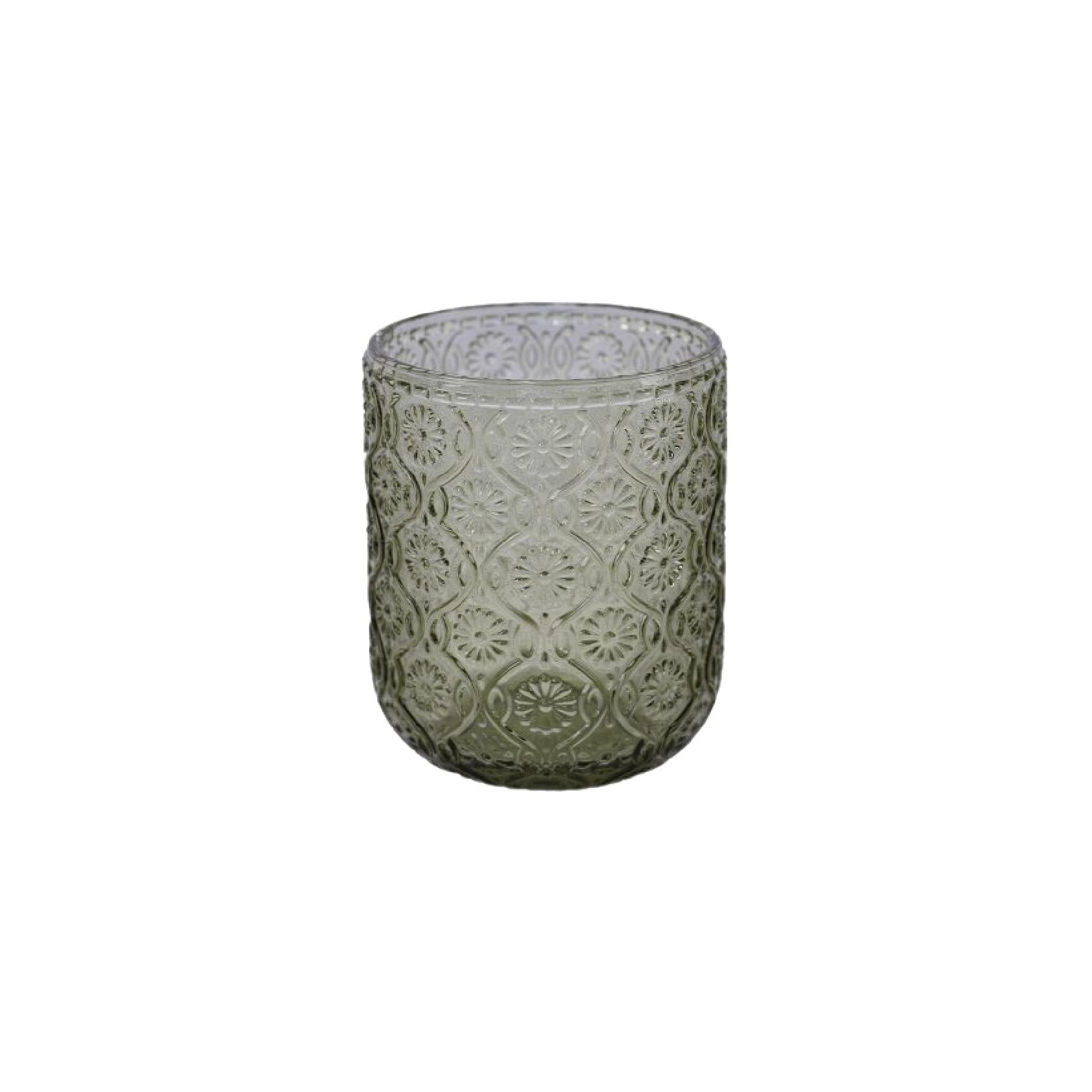 Green glass tumbler with embossed pattern
