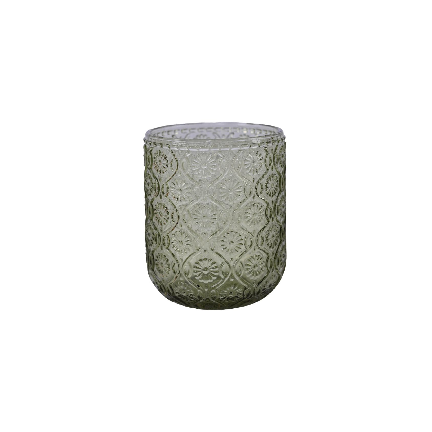 Green glass tumbler with embossed pattern