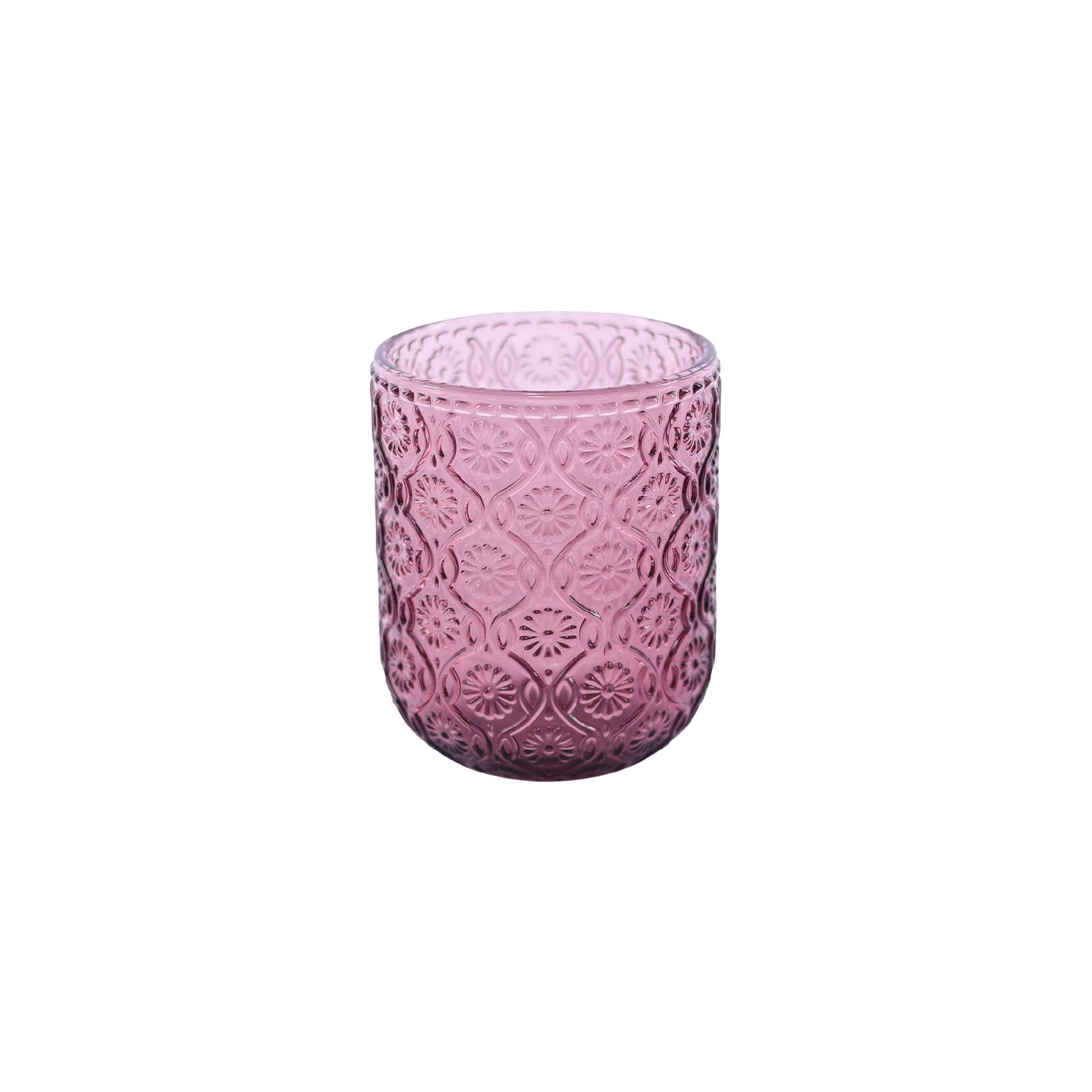 Purple glass tumbler with embossed pattern