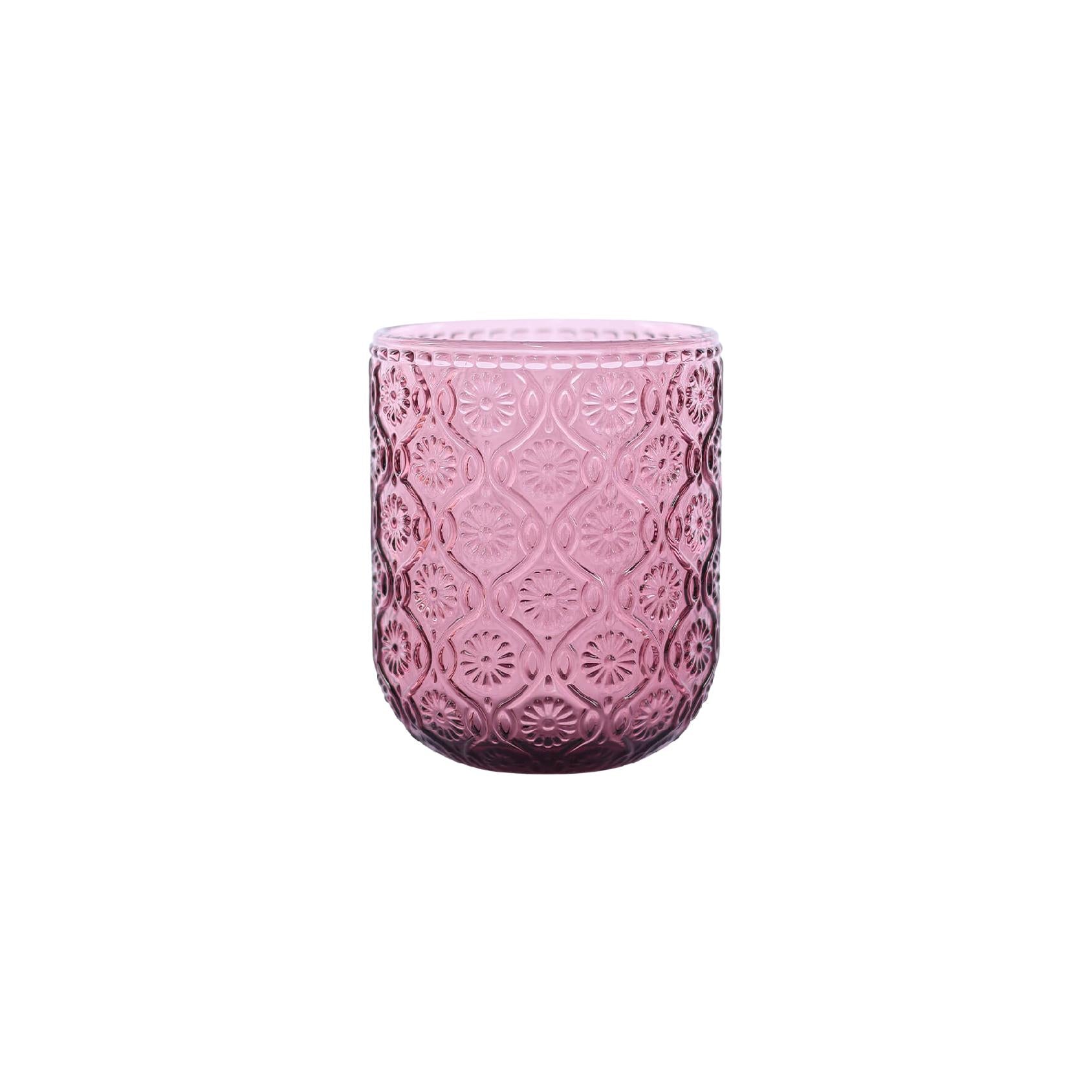 Purple glass tumbler with embossed pattern
