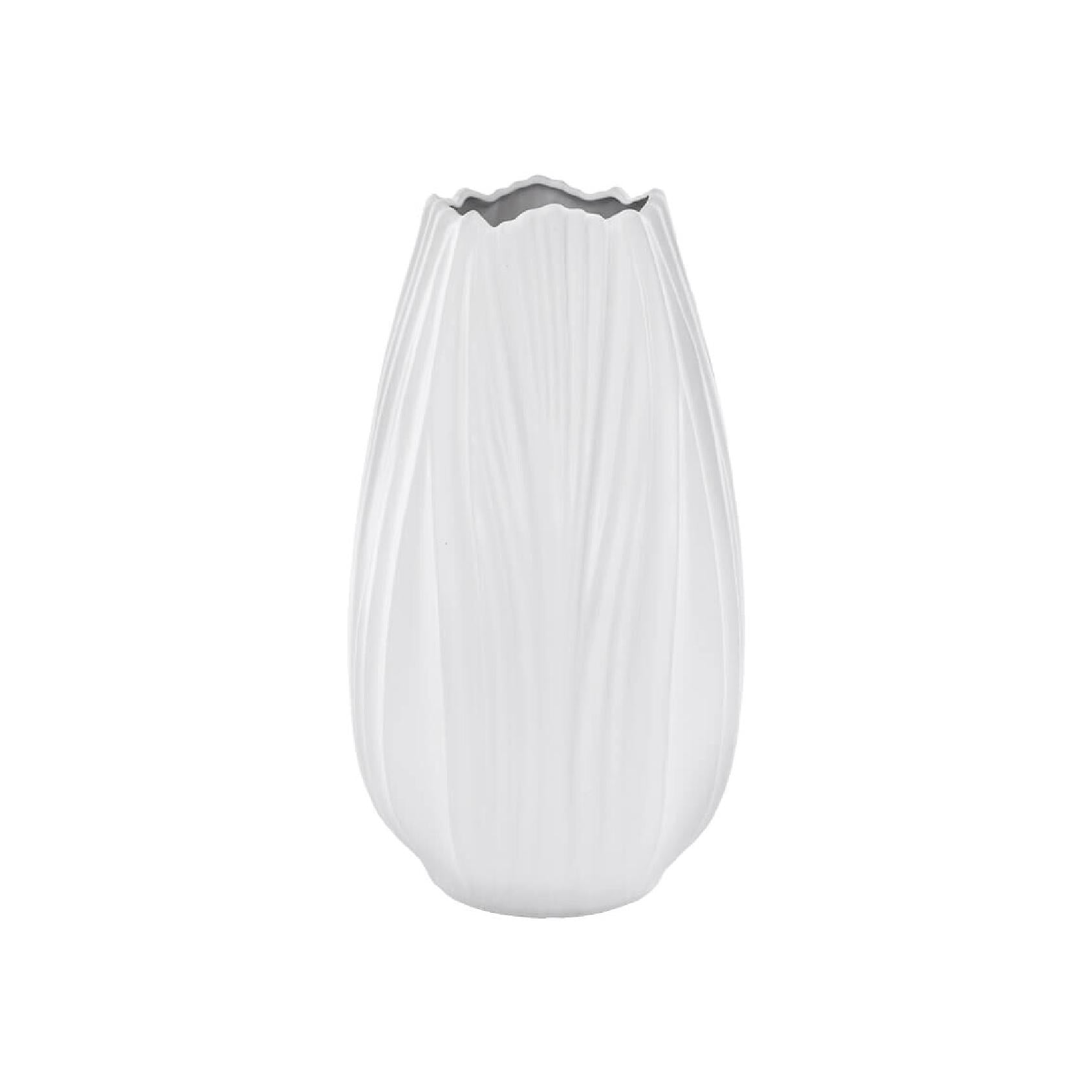 Matte white ceramic vase with pleated texture and scalloped rim