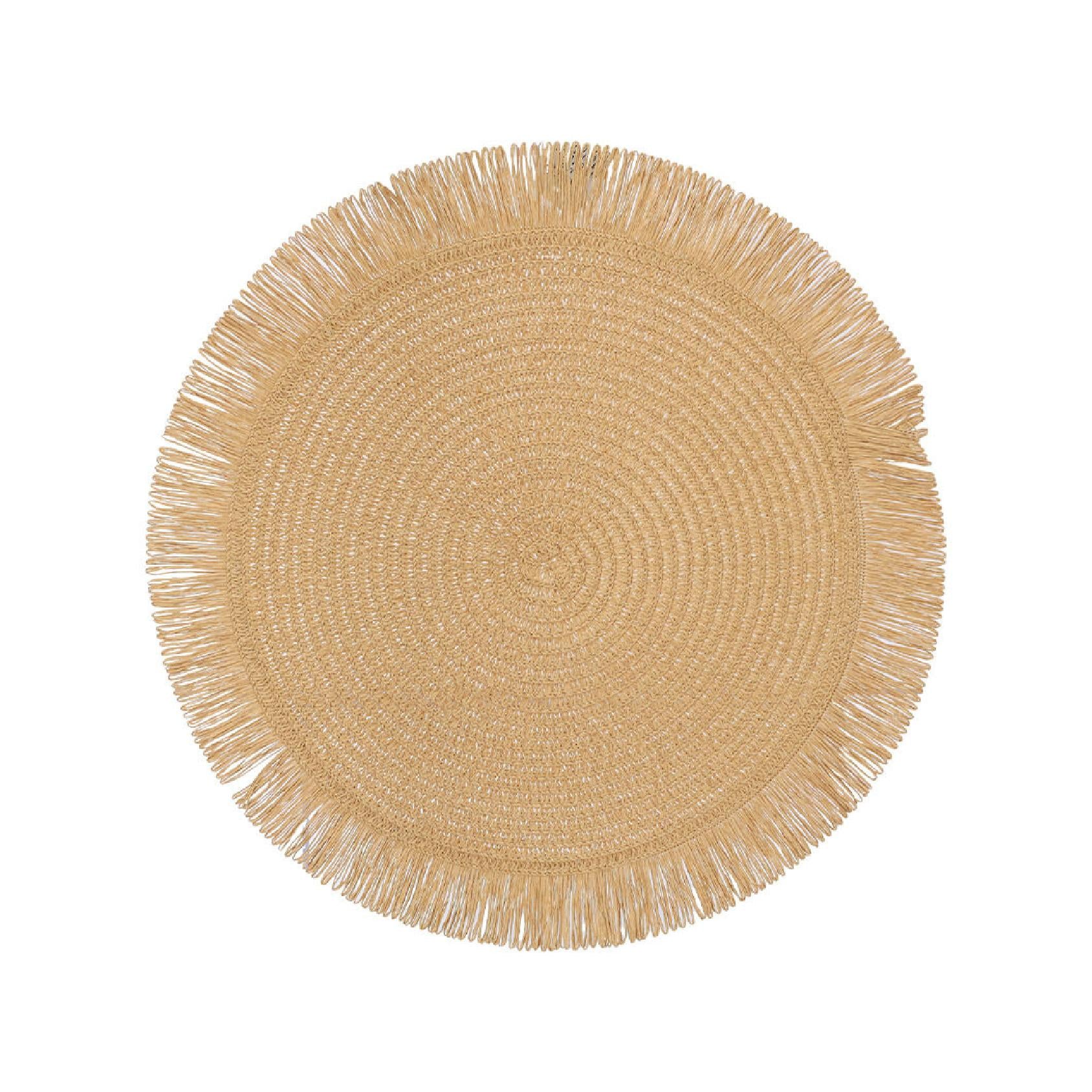 Round natural coloured woven placemat with fringed edge on a white background