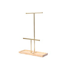 Natural wood and gold tiered jewellery display stand with a metal frame on wooden base