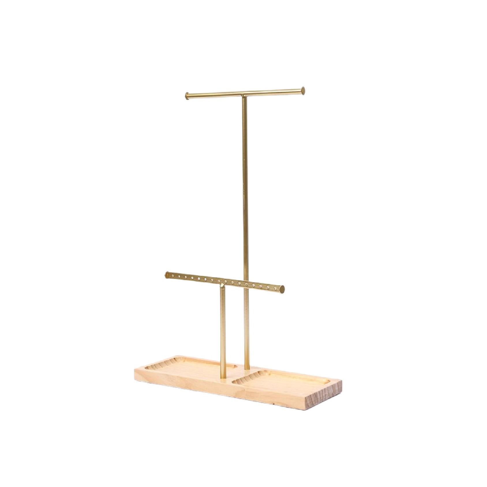 Natural wood and gold tiered jewellery display stand with a metal frame on wooden base