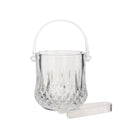 Clear glass ice bucket with handle and matching tongs