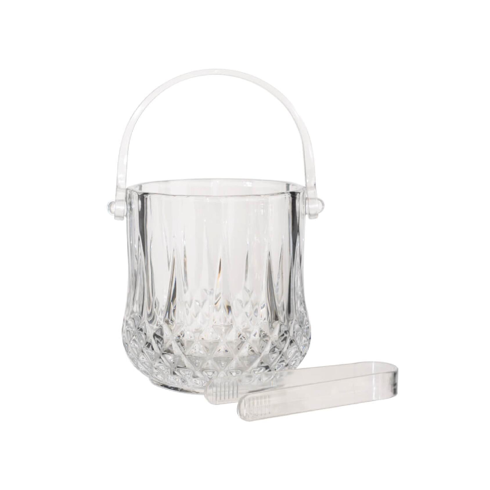 Clear glass ice bucket with handle and matching tongs