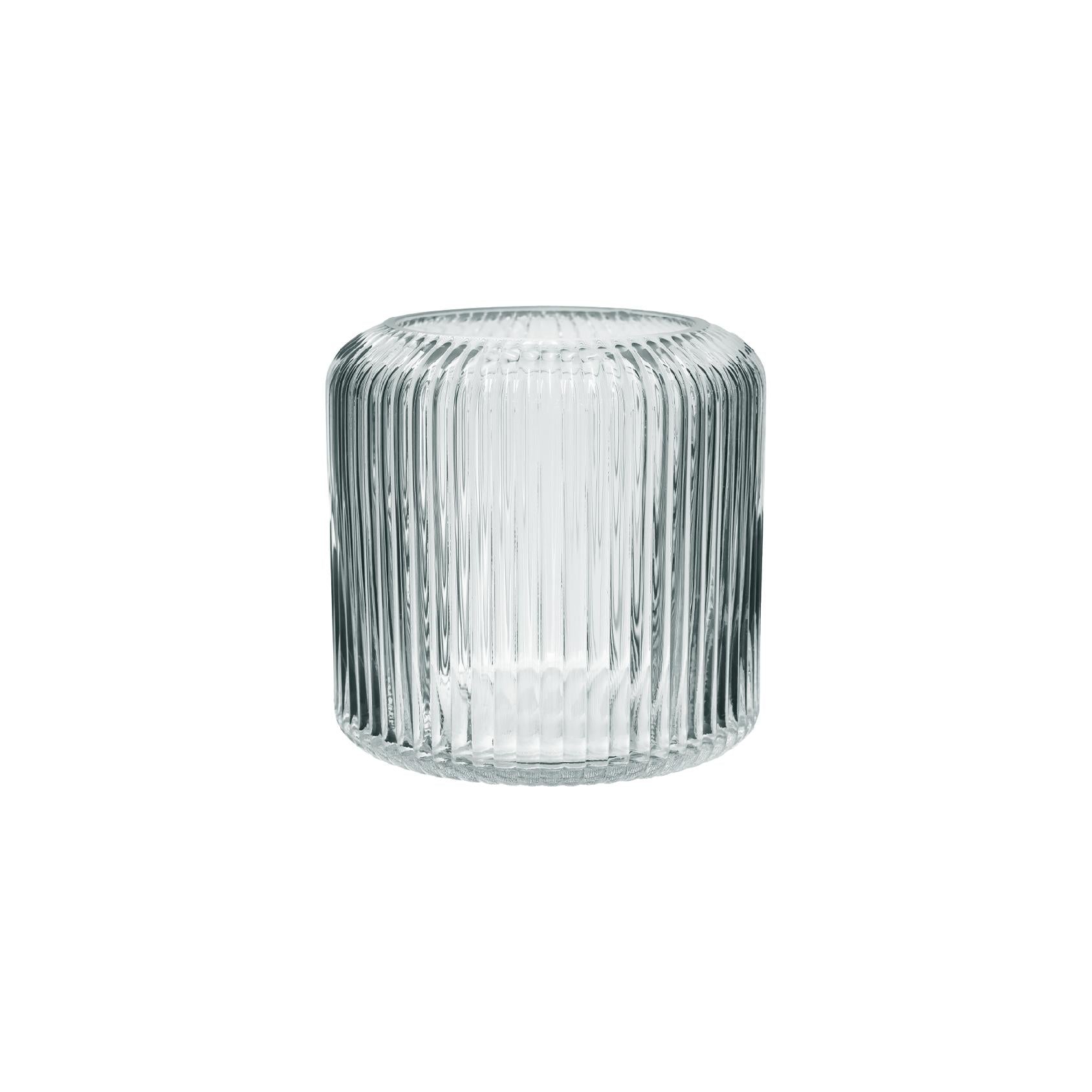 Short ribbed clear glass vase with vertical lines