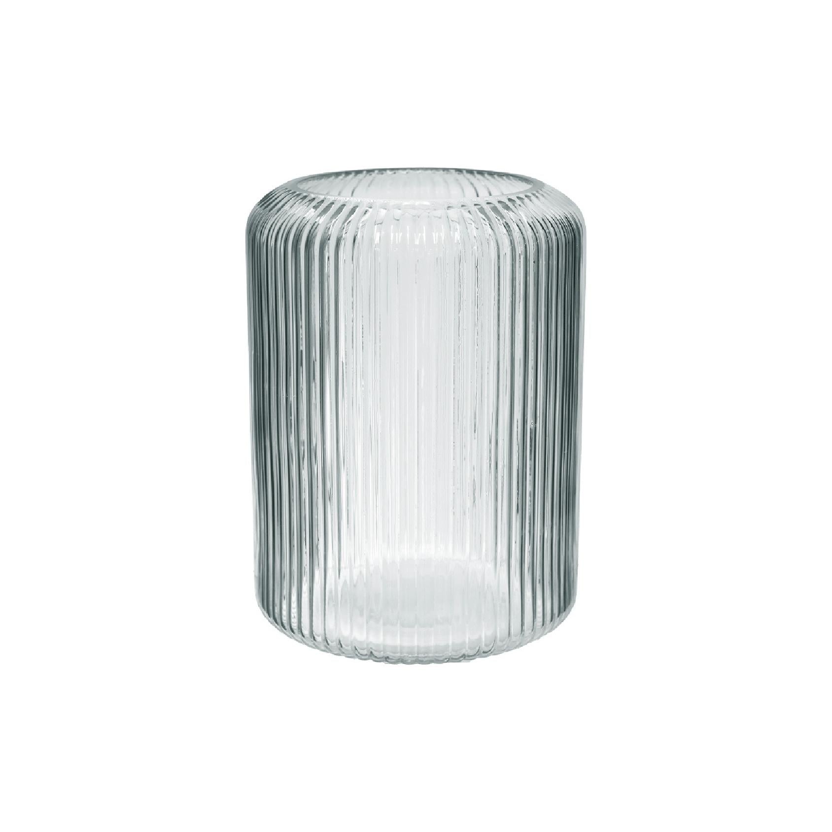 Tall ribbed clear glass vase with vertical lines