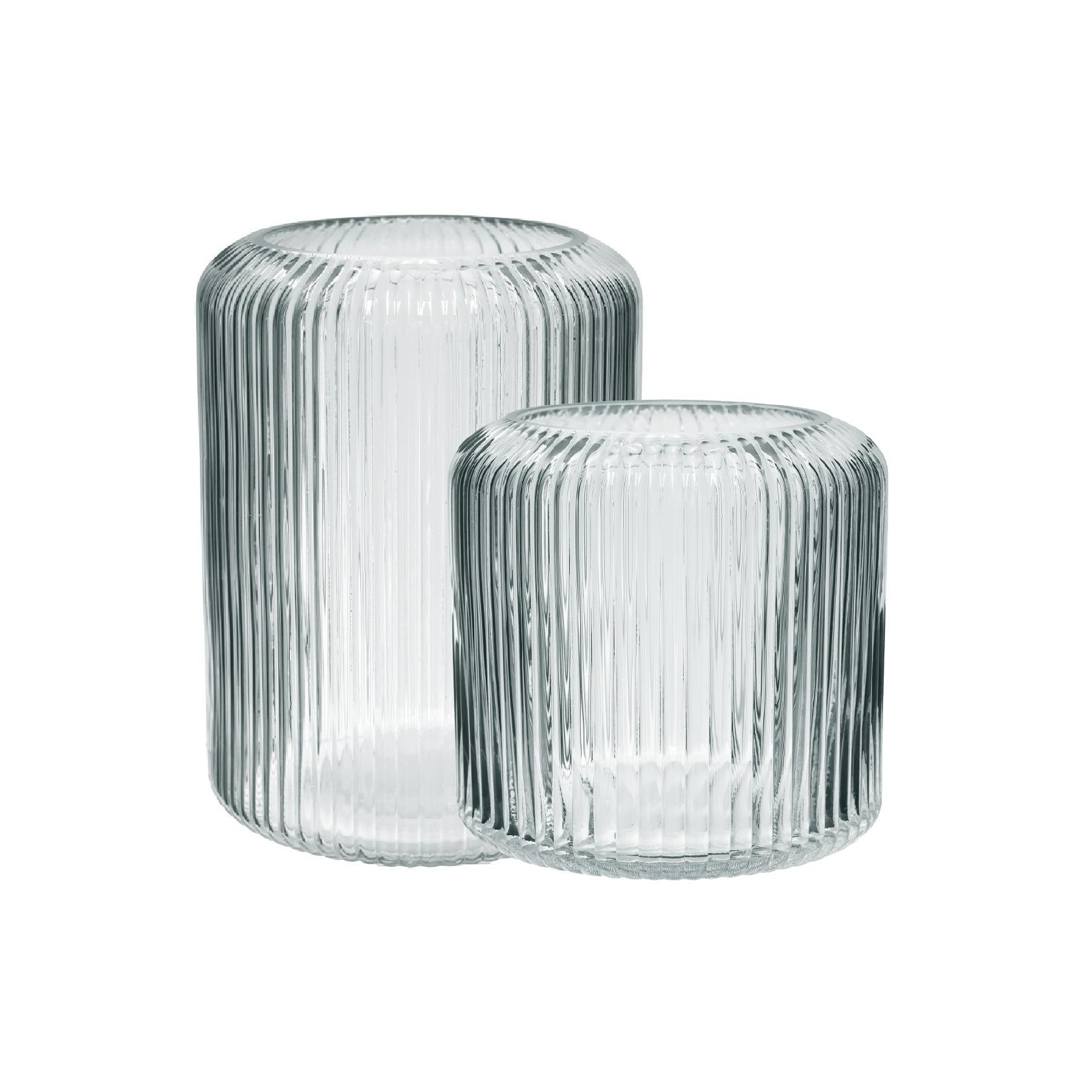 Set of two ribbed clear glass vases, tall & short cylinder shapes
