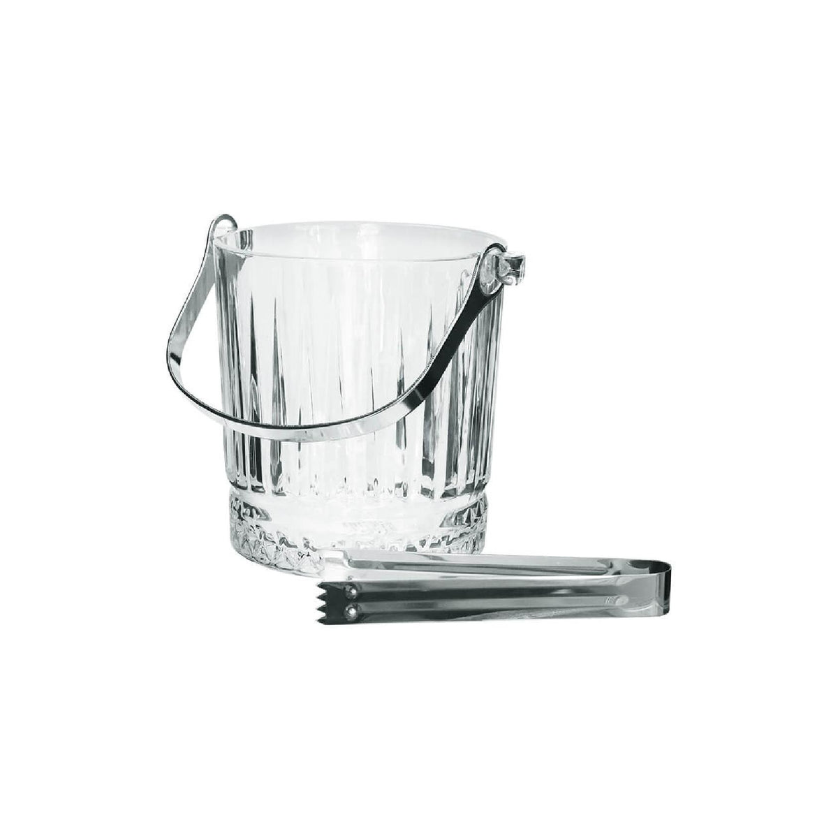 A clear glass ice bucket with a ribbed pattern and a silver metal handle, with a pair of metal tongs