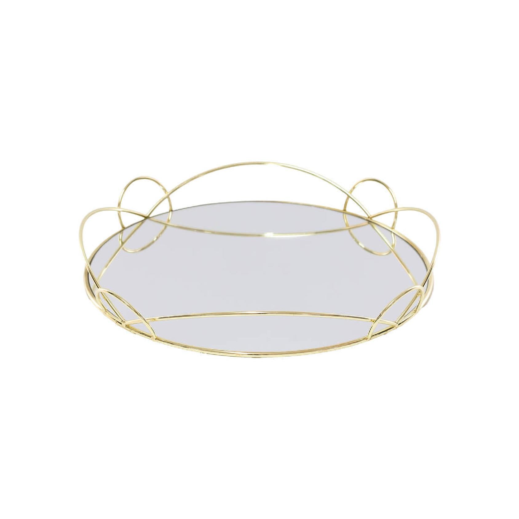 Decorative round gold metal tray with mirror base