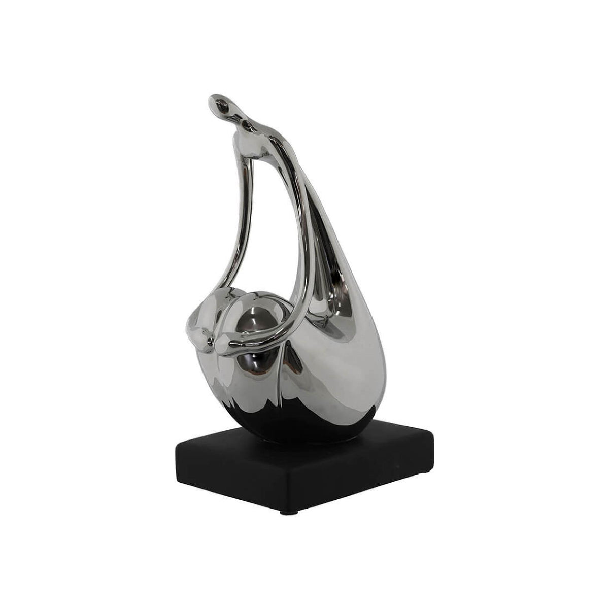 A modern abstract silver metallic sculpture of a woman kneeling, set on a black rectangular base