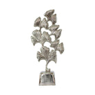 Silver metal leaf sculpture featuring layered leaves