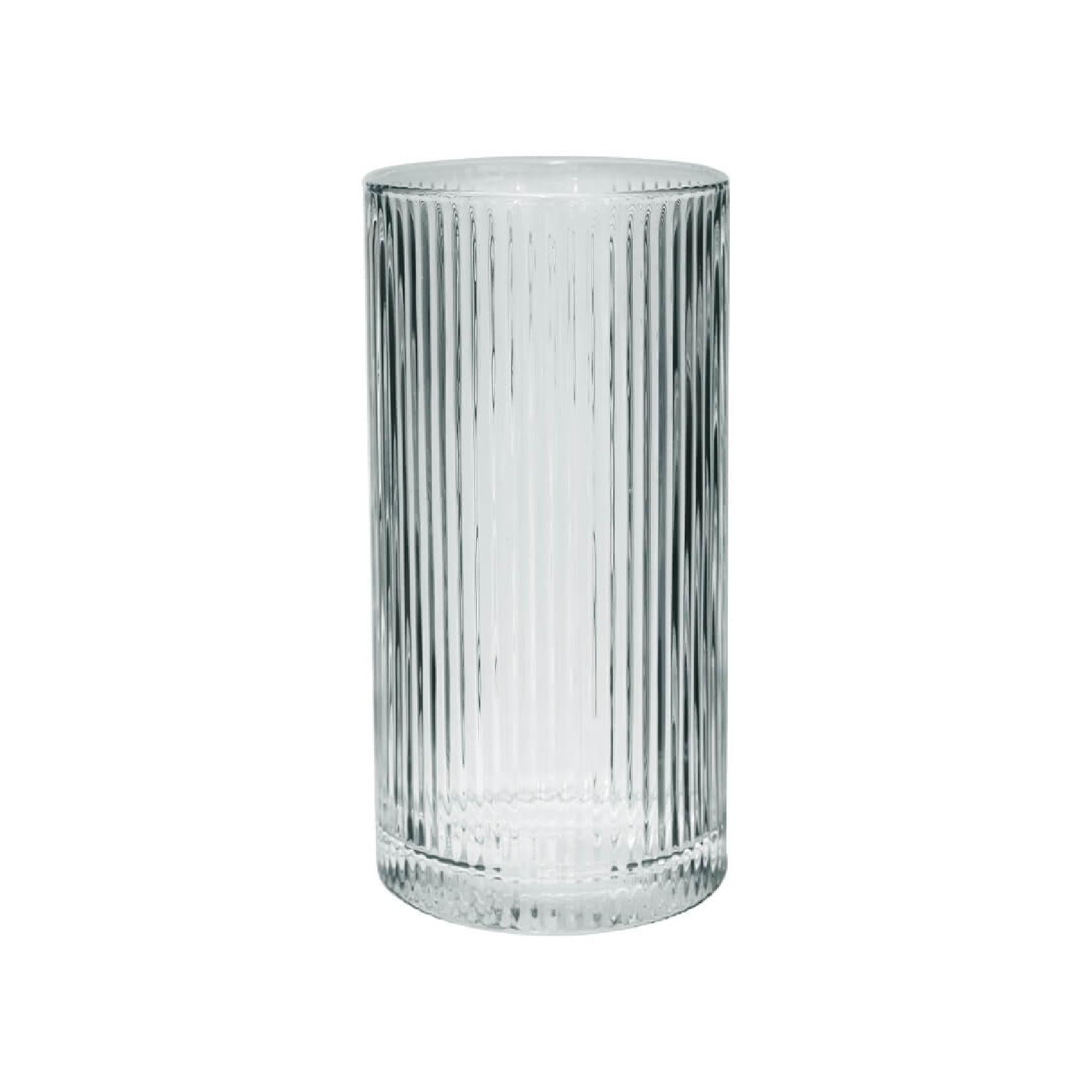 Clear glass ribbed hi-ball on a white background